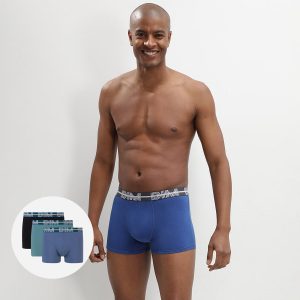 Dim Powerful 3 pack stretch cotton trunks in blue and black with contrast waistband