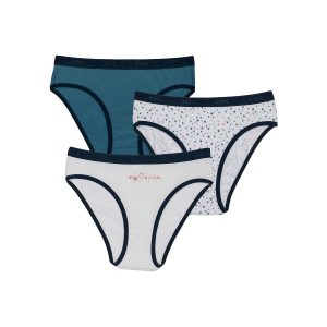 Pack of 3 girls' White Blue Les Pockets stretch cotton knickers with a star pattern