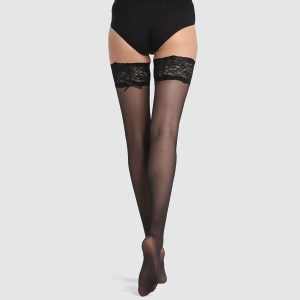 Dim Up Sexy 25D semi-opaque hold-up stockings with black lace garter