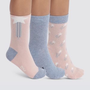 Pack of 3 pairs of children's socks with stars in Denim Pink Cotton Style