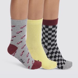 Pack of 3 pairs of checkered children's socks in Gray Yellow Cotton Style