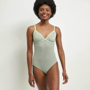 Women's sheer tulle bodysuit in green with lurex polka dots Dim Shiny Mesh