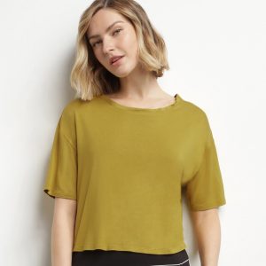 Women's sports T-shirt in olive green viscose with open back Dim Move