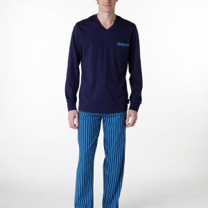 Long V-neck pajama in navy blue jersey for men