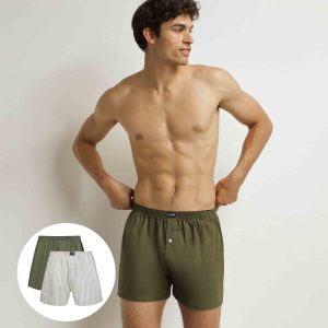 Pack of 2 Beige Striped Green Stretch Cotton Men's Boxer Briefs
