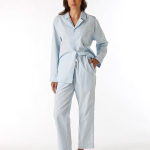 Unisex Blue Striped Cotton Canvas Long Pajama Set