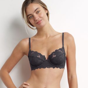 Grey floral lace underwired push-up bra Dim Lacy