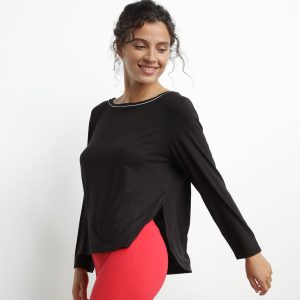 Women's sports top with boat neck in black viscose Dim Move