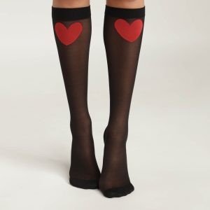 Women's knee-highs in sheer black voile with red heart Dim Style