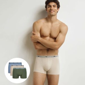 Pack of 3 men's boxer shorts Beige Blue Khaki Organic Stretch Cotton