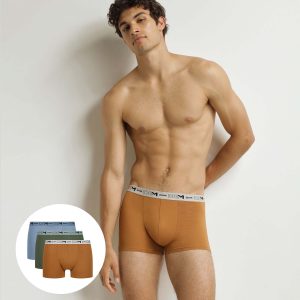 Pack of 3 Khaki Ochre Blue Organic Cotton Stretch Boxer Briefs for Men