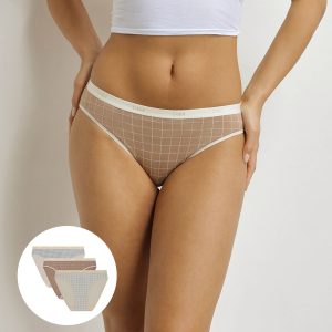 Pack of 3 Women's Gingham Briefs Ecru Blue Beige Les Pockets