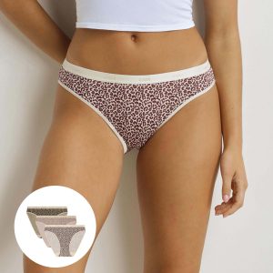 Pack of 3 women's leopard print briefs Ecru Beige Les Pockets
