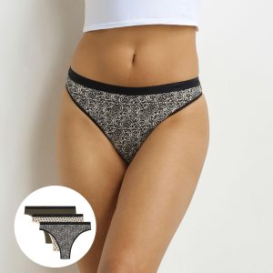 Pack of 3 Women's Ethnic Khaki Pattern G-strings Black Les Pockets