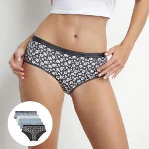 Pack of 5 women's stretch cotton shorties Blue Grey with flowers Les Pockets