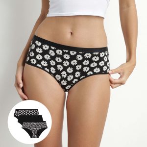 Pack of 3 women's stretch cotton shorties Black Beige with flowers Les Pockets