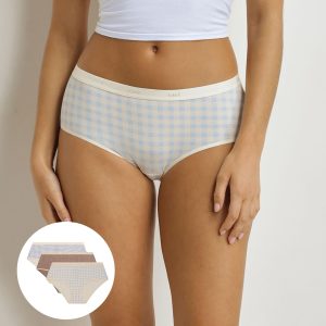 Pack of 3 women's gingham pattern boxer shorts Blue Beige Les Pockets