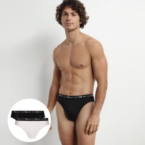 Pack of 2 Men's Briefs Black White Contrast Waistband Dim Cotton Stretch
