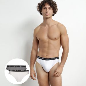 Pack of 2 Men's White Grey Contrast Waistband Dim Cotton Stretch Briefs