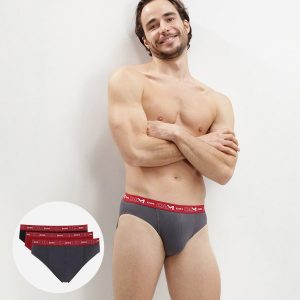 Pack of 3 pairs of Coton Stretch grey, chilli red and black briefs