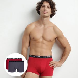 Pack of 2 Men's Grey Red Boxers with Contrast Waistband Dim Cotton Stretch
