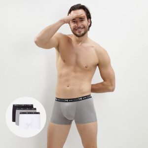 Pack of 3 pairs of black, grey and white stretch cotton trunks for men